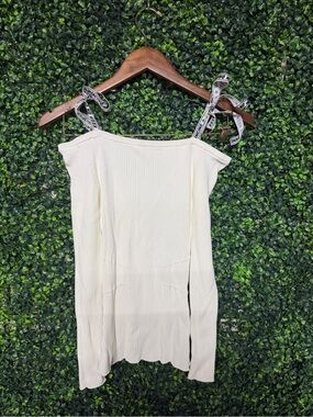 Casual Cream Off-Shoulder Ribbed Tank with Tie-Strap Details